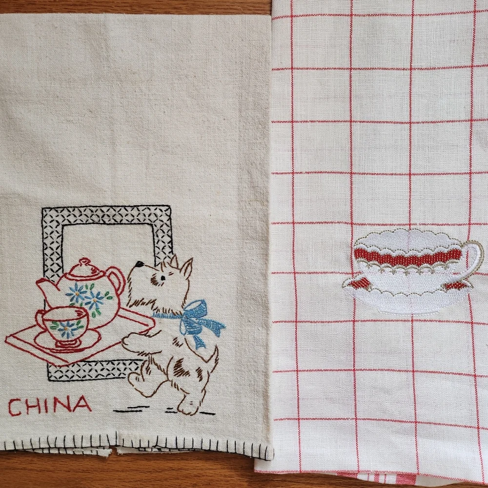 Two Kitchen Towels- Embroidered Linen Towel and Cotton Towel